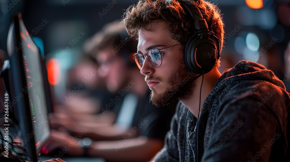Gamer with Headphones Focused on Computer Screen. Gamer with Headphones Focused on Computer Screen.