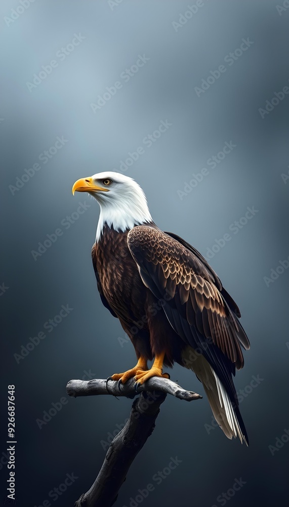 Obraz premium A bald eagle perched on a branch against a dark background