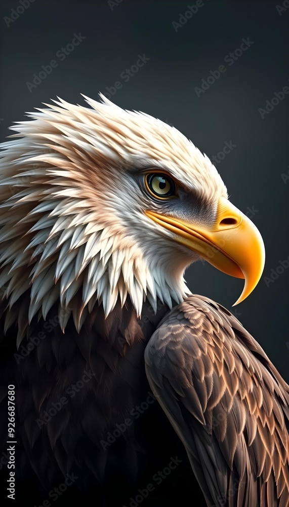 Obraz premium A close-up portrait of a majestic bald eagle with its distinctive hooked beak, piercing eyes, and ruffled feathers in shades of brown and white