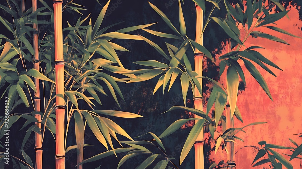 A close-up of bamboo stalks with green leaves against an orange background. A close-up of bamboo stalks with green leaves against an orange background.
