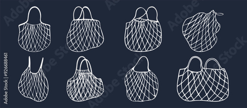 Set of shopping illustrations, net bags, and cloth bags in a hand-drawn style. Can be used in stores, markets, bags, shoulder bags, in doodle style, and reusable. Its simple design is easy to edit.
