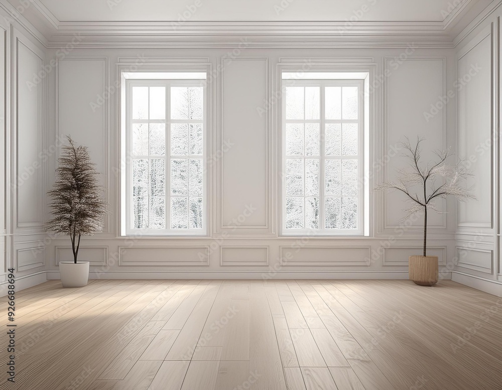 White empty scandinavian room interior with two large windows and classic wooden floor. Home interior design. 3d illustration. White empty scandinavian room interior with two large windows and classic wooden floor. Home interior design. 3d illustration.