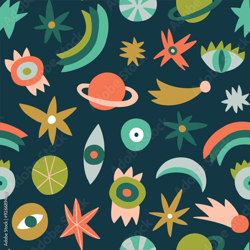 Stylish vector cosmos pattern design with magic eyes, stars and planet. Funny mystical texture for kids pajamas in hand-drawn style. 