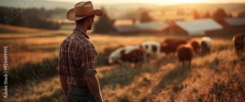 A cowboy in a plaid shirt and a cowboy hat stands in a field, watching cows graze in the distance. photo