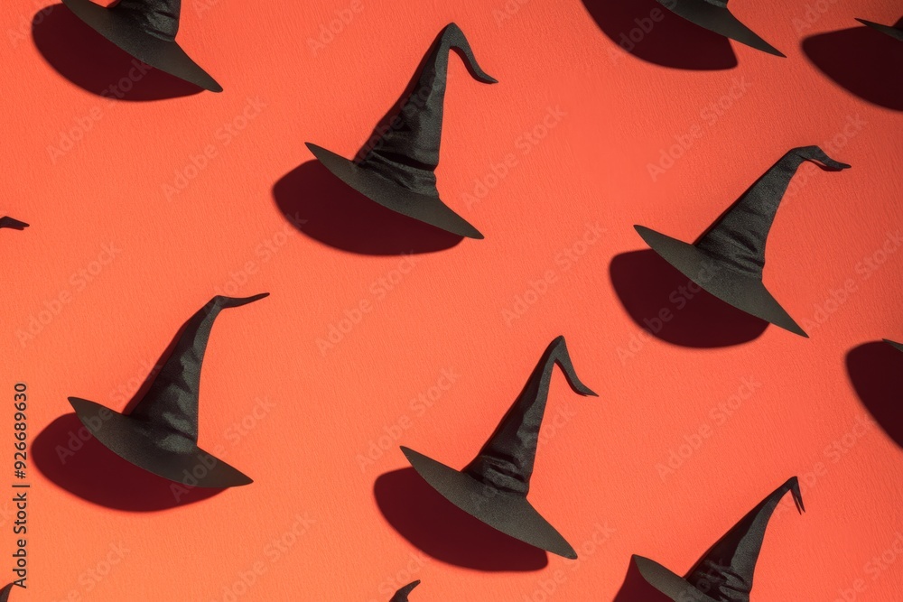 Pattern Black witch hats arranged in a pattern on a red background. Perfect for Halloween party decorations. Pattern Black witch hats arranged in a pattern on a red background. Perfect for Halloween party decorations.