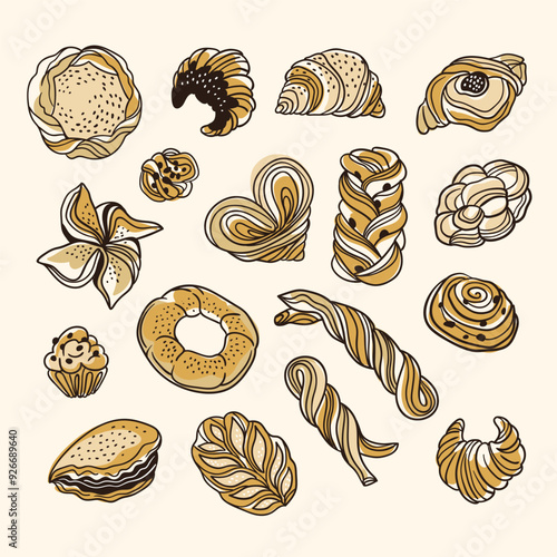 Vector illustration set of puffs, brioche and croissant. Cute doodle bakery collection in hand-drawn style. 