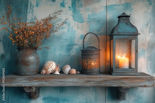 rustic beachthemed vignette weathered wood shelf with seashells vintage lantern soft pastel wall warm ambient lighting photo