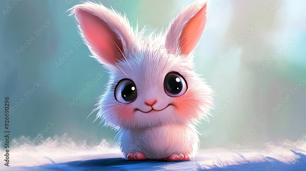 Obraz premium A cute white rabbit with big eyes and pink ears sits on a blue surface, looking up with a sweet smile.