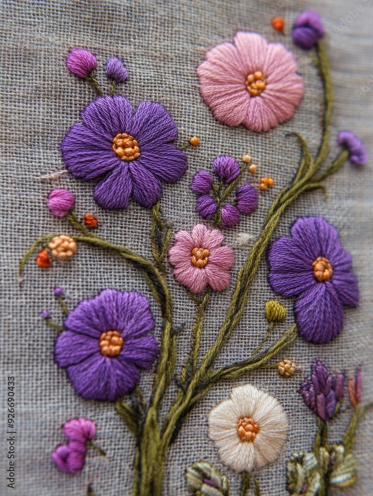 Detailed floral embroidery on gray fabric. Perfect for decoration and textile design projects. Detailed floral embroidery on gray fabric. Perfect for decoration and textile design projects.