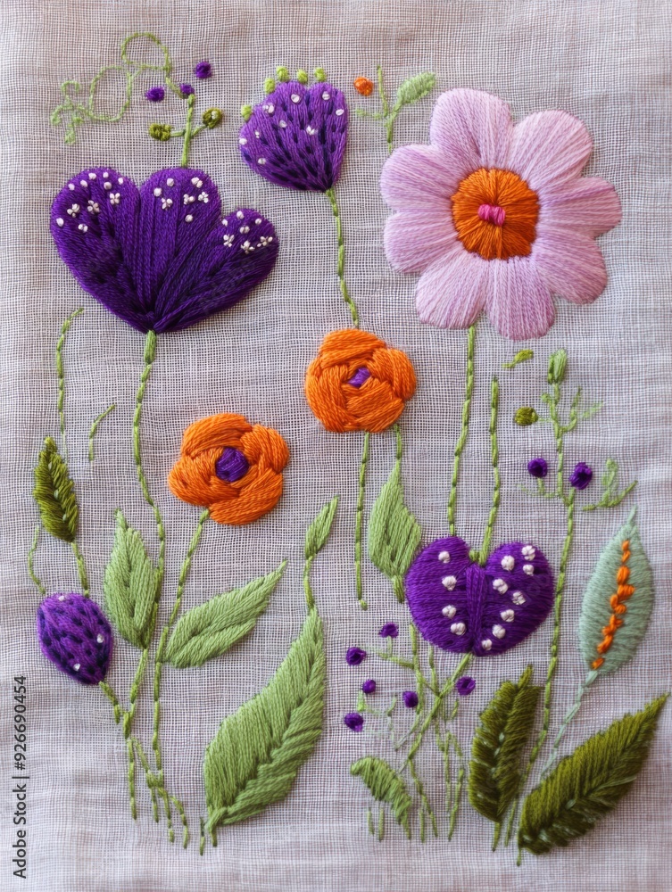 Fototapeta premium Detailed floral embroidery on gray fabric. Perfect for decoration and textile design projects.