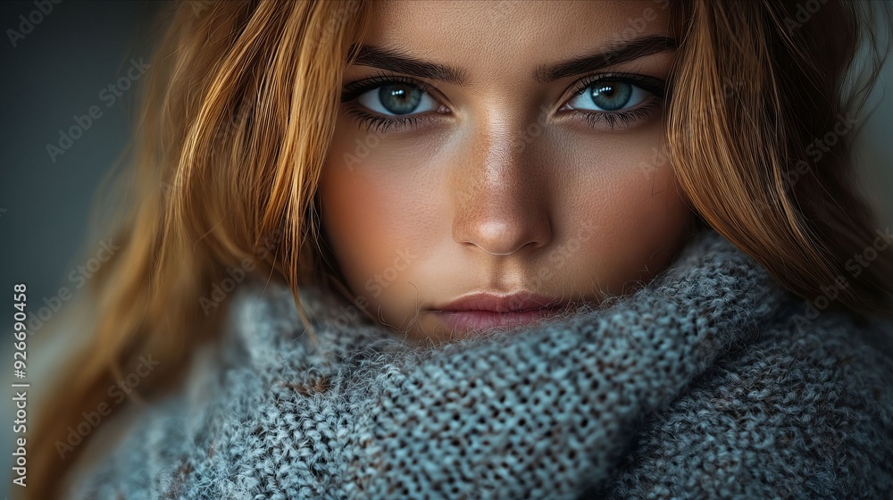 A woman with blue eyes wearing a gray scarf A woman with blue eyes wearing a gray scarf