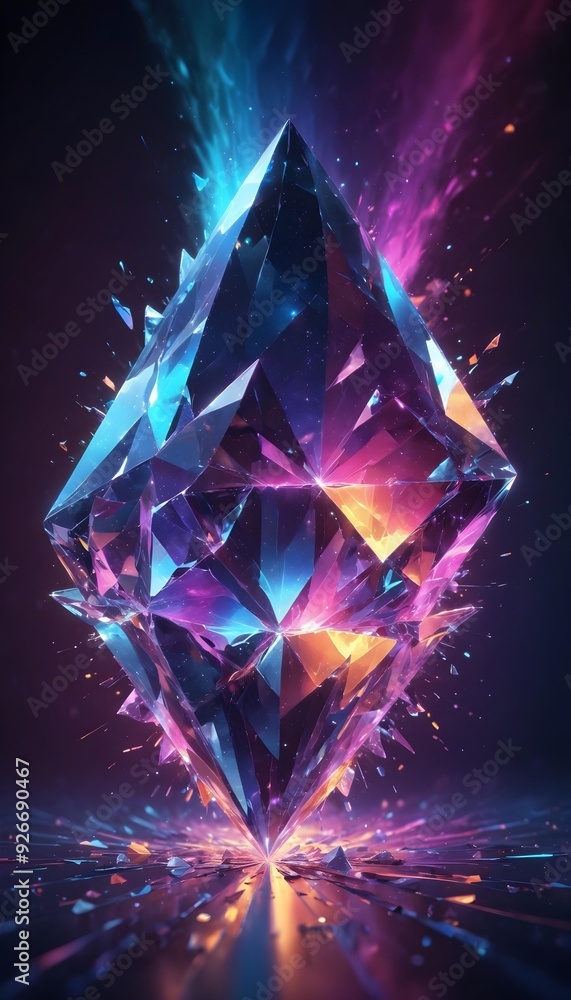 Colorful, glowing, crystalline structure with sharp, angular edges and facets reflecting a spectrum of vibrant hues against a dark background with sparkling effects Colorful, glowing, crystalline structure with sharp, angular edges and facets reflecting a spectrum of vibrant hues against a dark background with sparkling effects