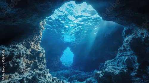 A mysterious underwater cave entrance surrounded by coral and deep blue water.