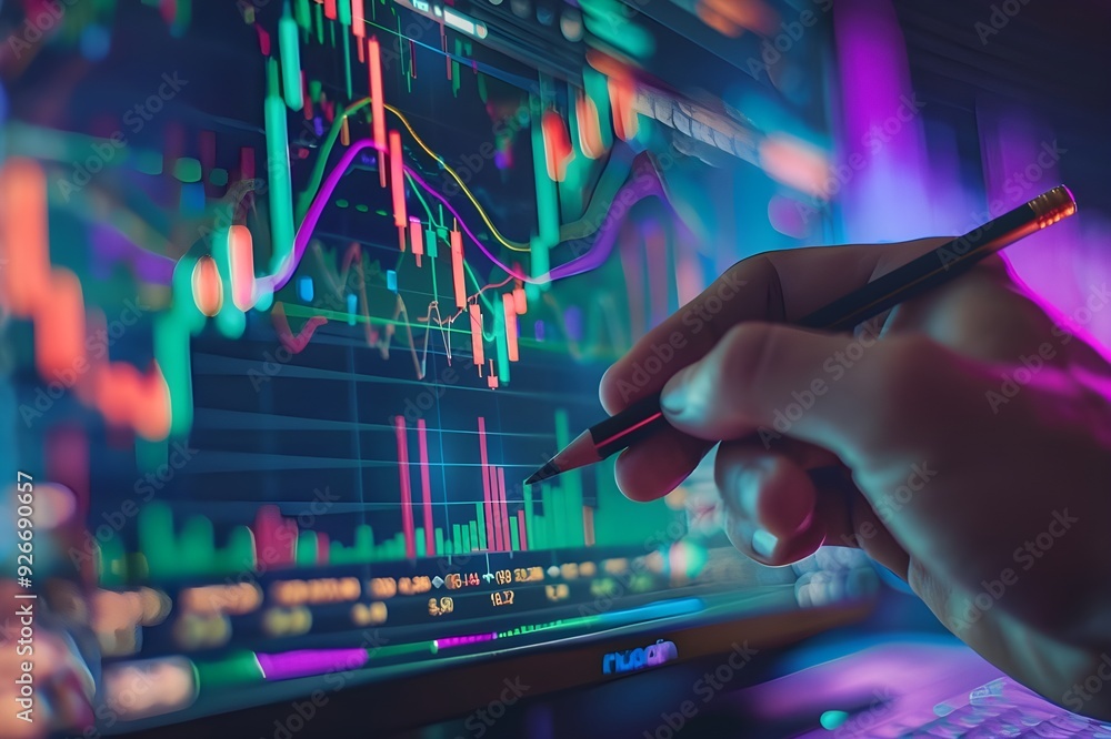 Close-up of a hand holding a pencil and pointing at a digital stock market chart on a computer screen. Close-up of a hand holding a pencil and pointing at a digital stock market chart on a computer screen.