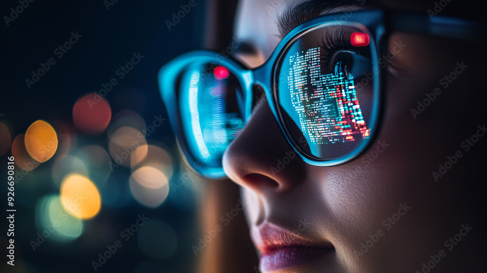 Woman with Glasses Reflecting Code. Woman with Glasses Reflecting Code.