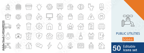 Set of 50 public utilities editable stroke icon symbols