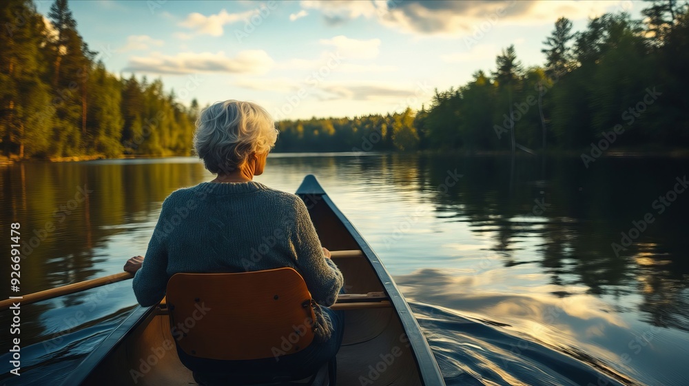 A woman paddling a canoe on a lake at sunset