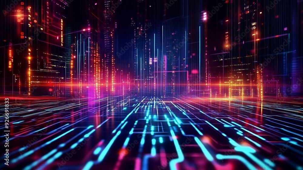 Abstract representation of a vibrant digital landscape with neon elements Abstract representation of a vibrant digital landscape with neon elements