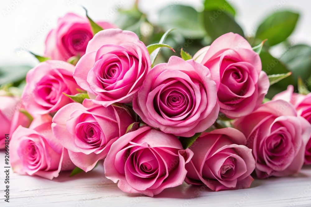 A bunch of pink roses, symbolizing love, beauty, romance, and affection, arranged on a white wooden surface. A bunch of pink roses, symbolizing love, beauty, romance, and affection, arranged on a white wooden surface.
