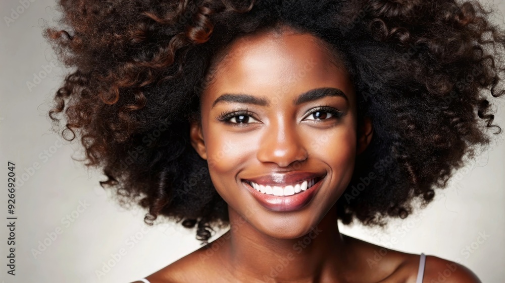 A beautiful black woman with curly hair smiles brightly at the camera, showcasing her natural beauty and confidence. The image symbolizes positivity, self-love, and embracing diversity. A beautiful black woman with curly hair smiles brightly at the camera, showcasing her natural beauty and confidence. The image symbolizes positivity, self-love, and embracing diversity.