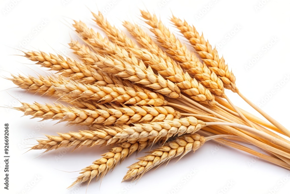 A bunch of ripe wheat ears arranged on a white background, symbolizing harvest, abundance, agriculture, nourishment, and nature. A bunch of ripe wheat ears arranged on a white background, symbolizing harvest, abundance, agriculture, nourishment, and nature.