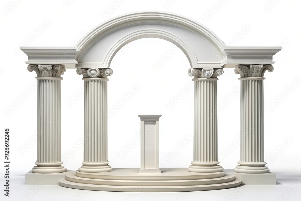 A classic Roman archway with four fluted columns, a platform, and an ...