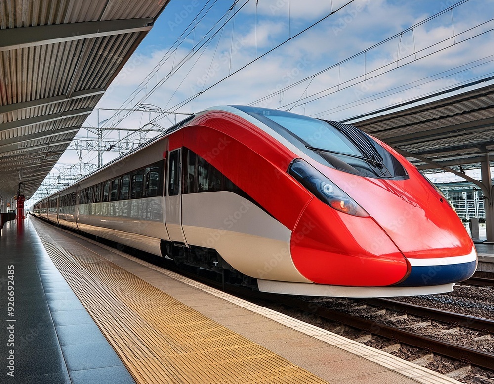 Fototapeta premium A red and white high-speed train is passing through a modern city train station.