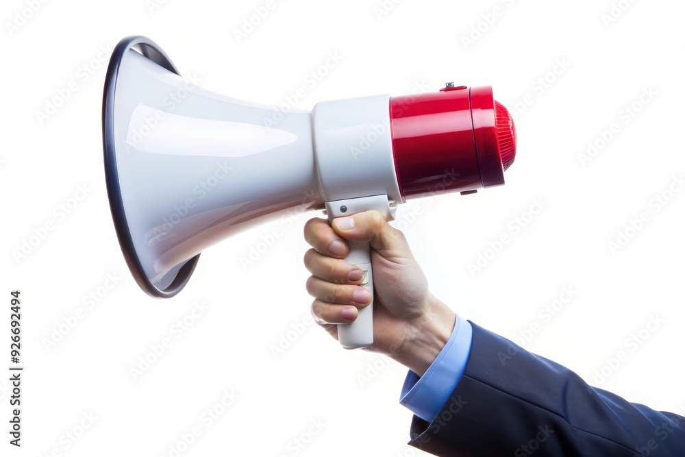 Fototapeta premium A close-up of a hand holding a white megaphone with a red handle, symbolizing communication, announcement, public address, attention, and reaching an audience.