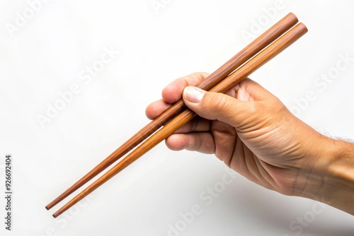 A close-up image of a hand holding wooden chopsticks, representing the act of eating, Asian culture, culinary tradition, food, and dining.