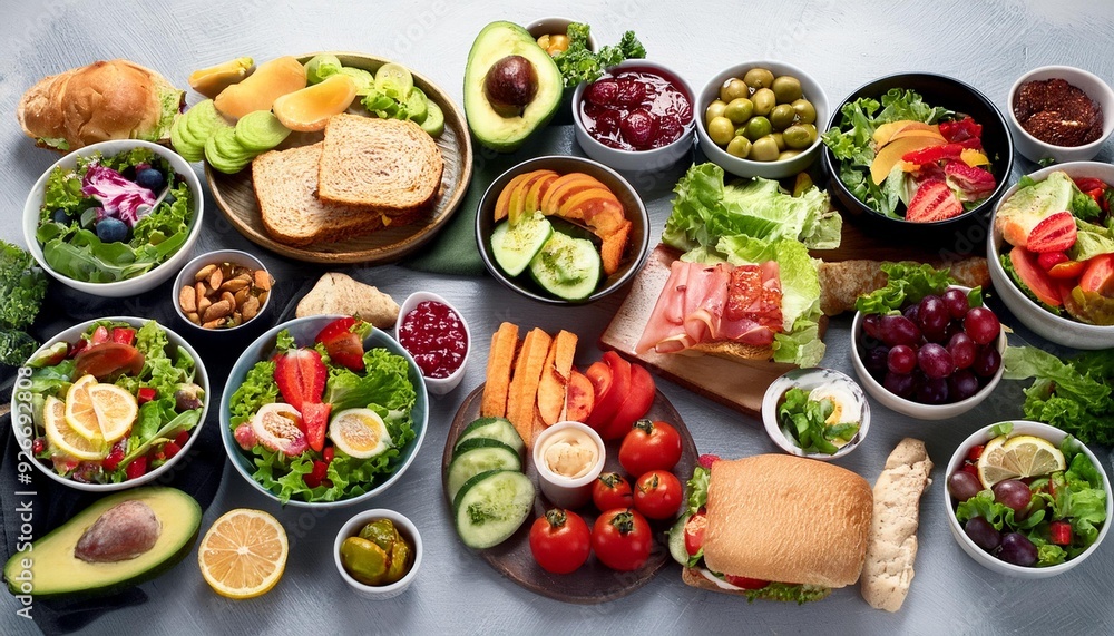 A table full of delicious food including sandwiches, salads, fruit, and vegetables A table full of delicious food including sandwiches, salads, fruit, and vegetables