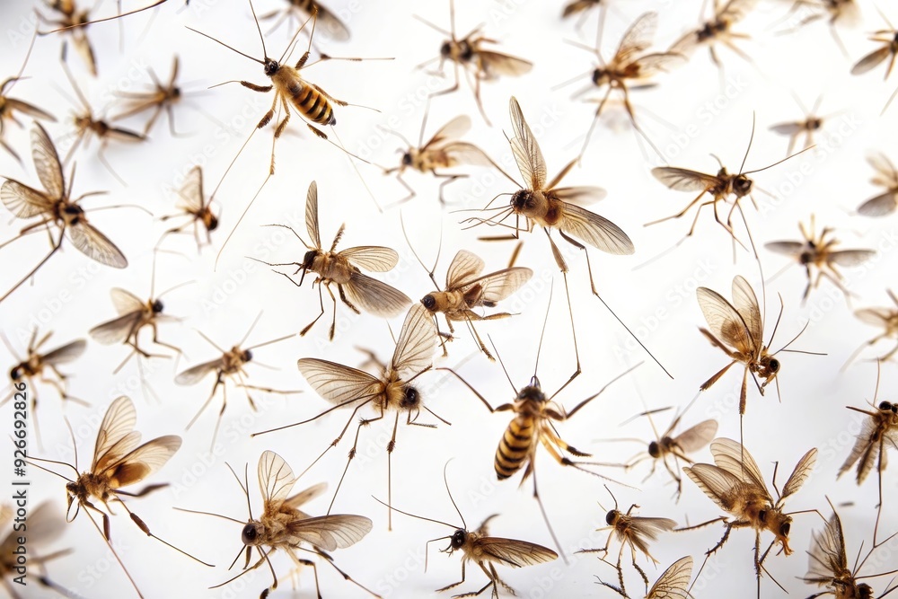 A close-up shot of a swarm of flies on a white background, showcasing their intricate details and delicate wings, symbolizing nature, fragility, life, and the interconnectedness of living things. A close-up shot of a swarm of flies on a white background, showcasing their intricate details and delicate wings, symbolizing nature, fragility, life, and the interconnectedness of living things.