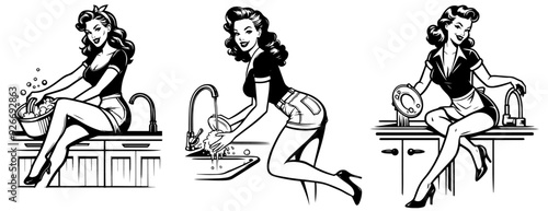 pinup girl, black vector illustration, pin-up woman silhouette, comic character, cleaning, washing dishes, cleaning something, washing plates.