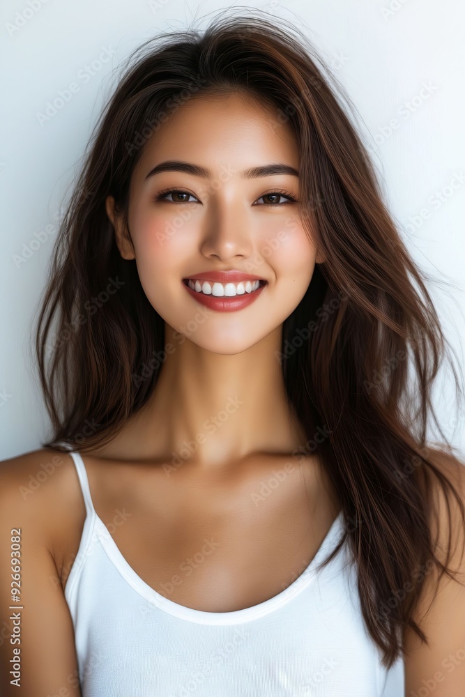 A woman with long brown hair smiling at the camera A woman with long brown hair smiling at the camera