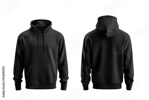 Classic black hoddie displayed front and back view isolated on white background 