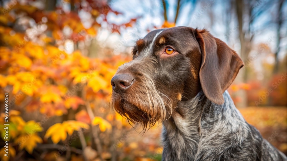 A German Shorthaired Pointer dog with a focused gaze,  standing in a picturesque autumn scene, surrounded by vibrant yellow and orange leaves, symbolizing loyalty, hunting instinct, and the beauty of 
