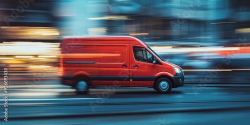 Red Delivery Van Is Driving on the Street at Speed With a Blurred Background