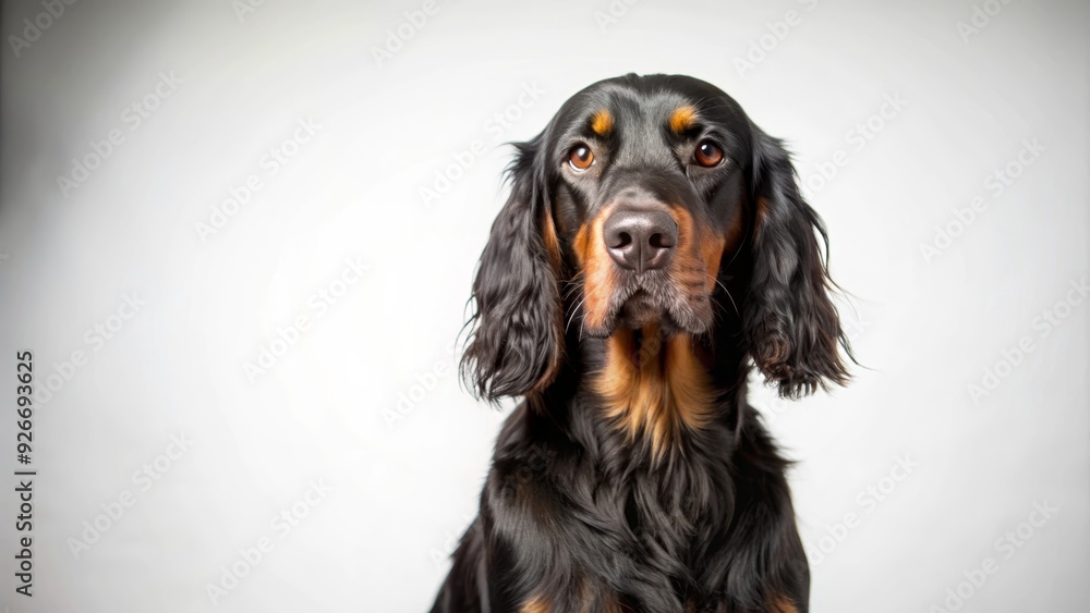 A handsome Gordon Setter dog with black and tan fur is looking intently at the camera with a sweet expression, showcasing loyalty and companionship. The dog is isolated against a white background, hig A handsome Gordon Setter dog with black and tan fur is looking intently at the camera with a sweet expression, showcasing loyalty and companionship. The dog is isolated against a white background, hig
