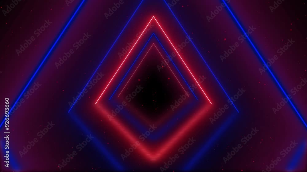 4K Neon glowing triangle tunnel with light lines on a transparent ...
