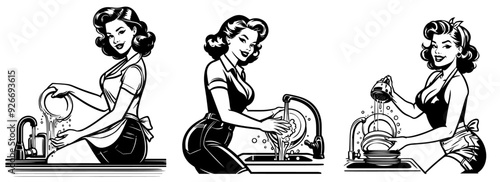 pinup girl, black vector illustration, pin-up woman silhouette, comic character, cleaning, washing dishes, cleaning something, washing plates.