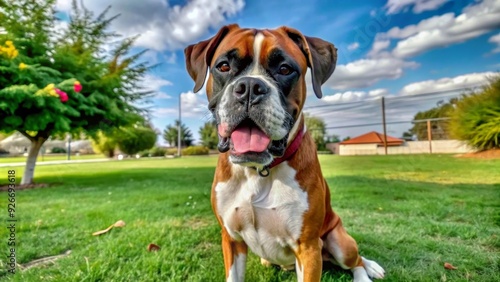 A happy boxer dog sitting in a park, enjoying the green grass and sunshine. The dog is looking directly at the camera with a playful expression. It is a great symbol of pet companionship, outdoor fun,