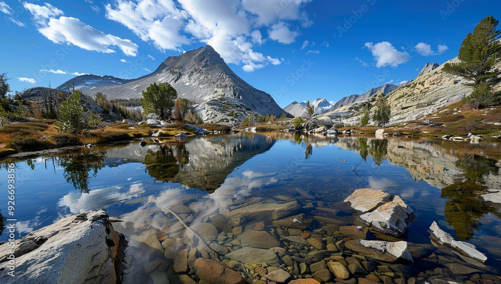 Obraz premium a view of a dome mountain with rocky slopes and a tranquil, reflective lake