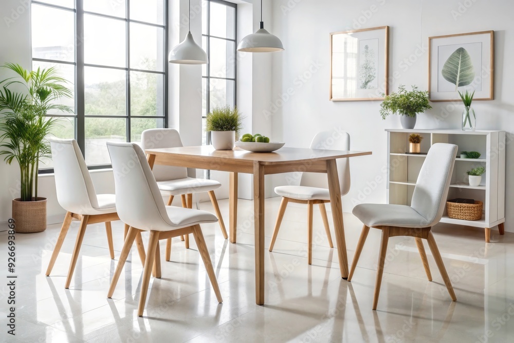 A modern dining room featuring a wooden table and white chairs, with a simple design and natural light, symbolizing contemporary living, functionality, minimalism, comfort, and style. A modern dining room featuring a wooden table and white chairs, with a simple design and natural light, symbolizing contemporary living, functionality, minimalism, comfort, and style.