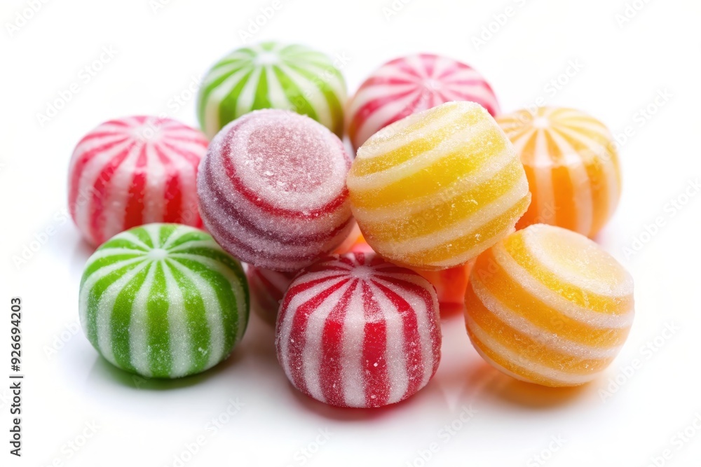 Obraz premium A pile of colorful striped hard candies, symbolizing sweetness, joy, variety, childhood, and indulgence.