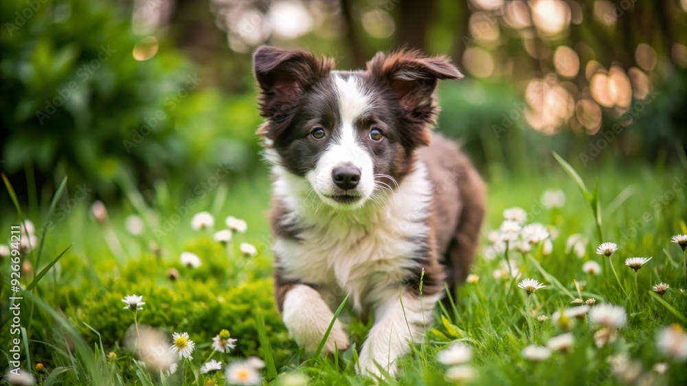 A playful Border Collie puppy runs through a field of green grass and white daisies, showcasing its energy and love for the outdoors. The puppy's playful spirit, the lush greenery, and the delicate da A playful Border Collie puppy runs through a field of green grass and white daisies, showcasing its energy and love for the outdoors. The puppy's playful spirit, the lush greenery, and the delicate da