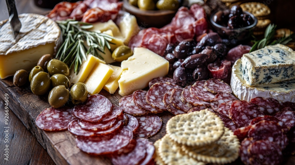 A detailed view of a charcuterie board with assorted cheeses, cured meats, olives, and crackers, highlighting the rich textures and colors. A detailed view of a charcuterie board with assorted cheeses, cured meats, olives, and crackers, highlighting the rich textures and colors.