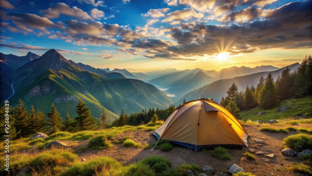 Camping in the mountains with a tent overlooking a scenic view , adventure, nature, outdoors, tent, landscape, sunset Camping in the mountains with a tent overlooking a scenic view , adventure, nature, outdoors, tent, landscape, sunset