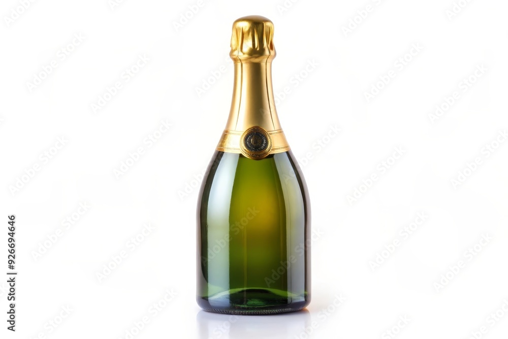 A single bottle of champagne, with its golden foil and green glass, stands isolated against a crisp white background. The bottle represents celebration, elegance, and a moment of pure enjoyment. A single bottle of champagne, with its golden foil and green glass, stands isolated against a crisp white background. The bottle represents celebration, elegance, and a moment of pure enjoyment.