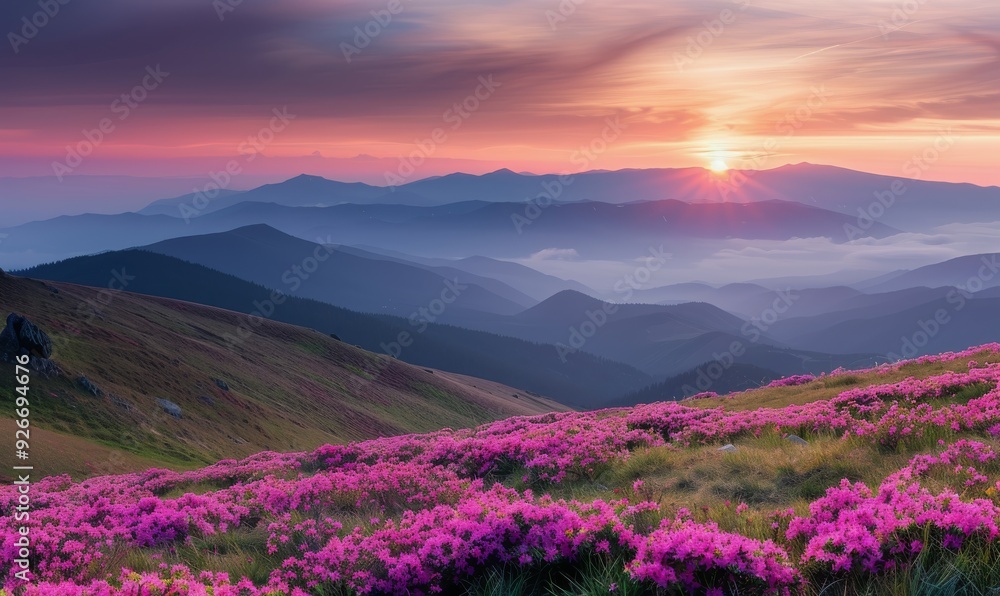 Sunrise Over Mountain Range With Blooming Pink Rhododendrons Sunrise Over Mountain Range With Blooming Pink Rhododendrons