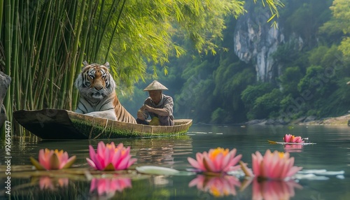 AI generator image of An old man is fishing on a boat and a cormorant is nearby. ,The boat floats in the middle of a lotus pond with very beautiful yellow wisteria flowers.	