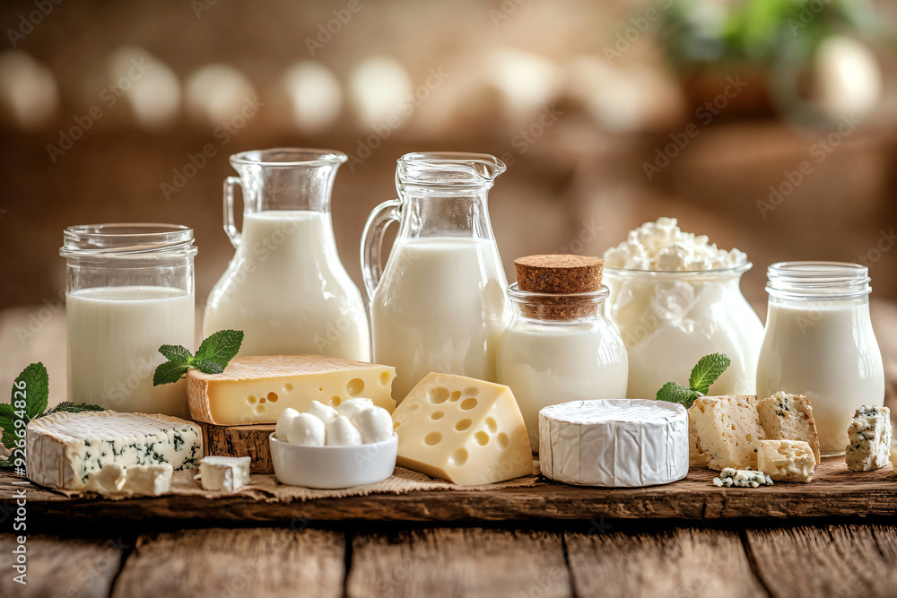 Dairy Products on Rustic Wooden Table. Dairy Products on Rustic Wooden Table.